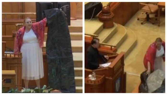 Diana Șoșoacă, circ la Parlament. Senatoarea i-a pus lui Cîțu pe masă un sac de morgă